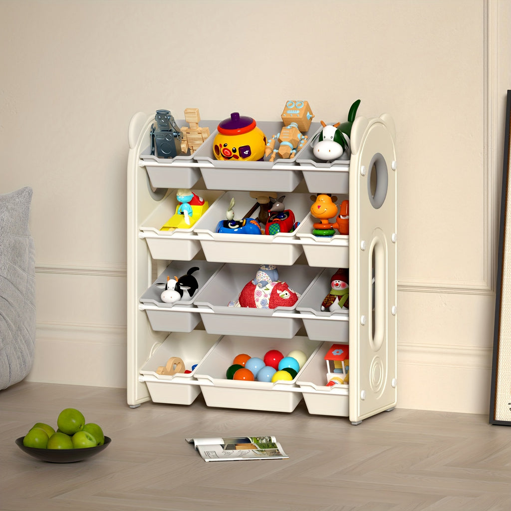 4-Tier Toy Storage Organizer - Kids Book Rack And Diapering Essentials Station With 12 Removable Plastic Bins- Sturdy Bookshelf For Boys And Girls, Holds Toys, Books, Diapers, Wipes, Milk Powder, Bottles, For Playroom, Daycare And Nursery