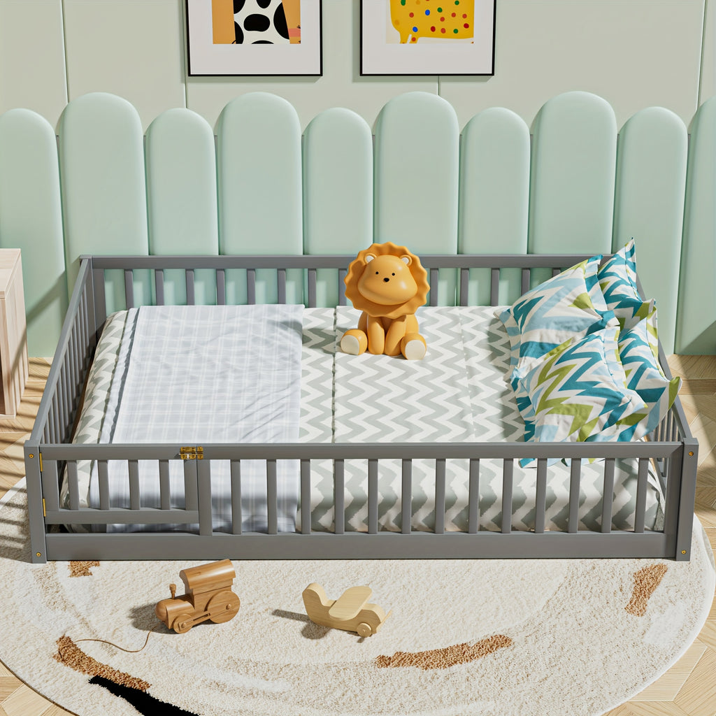 Kids' Solid Wood Bed Kids' Double\u002FFull\u002FQueen Bed Frame, Solid Wood with Reinforced Horizontal Bars, High-Safety Safety Rail and Fun Small Door Design, Durable Bed Suitable for Girls and Boys, Helps Develop Independence, Easy to Assemble