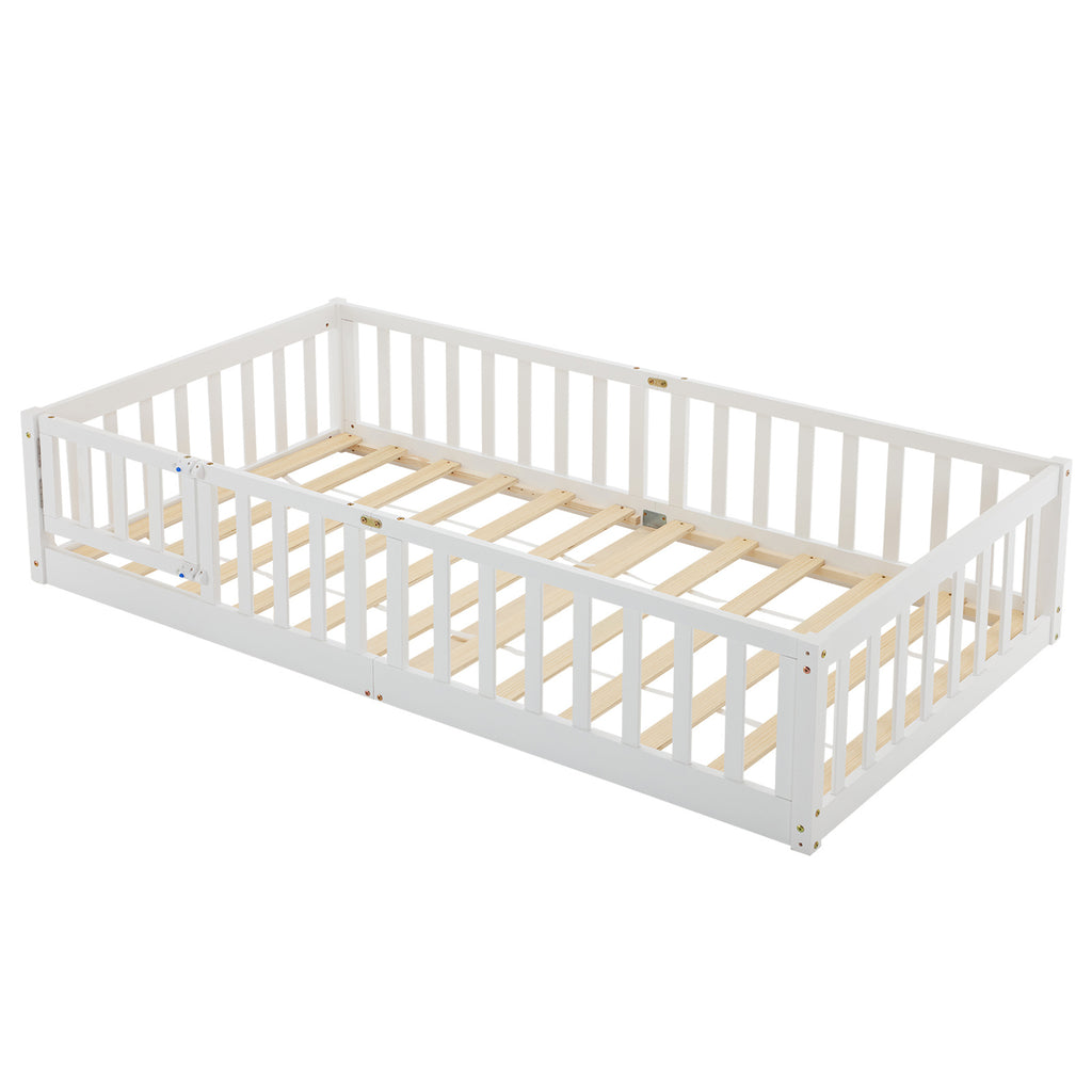 Floor Bed with Door and Fence, Floor Bed with Slats and Safety Guardrails, WoodBed Frame for Girls Boys, Natural