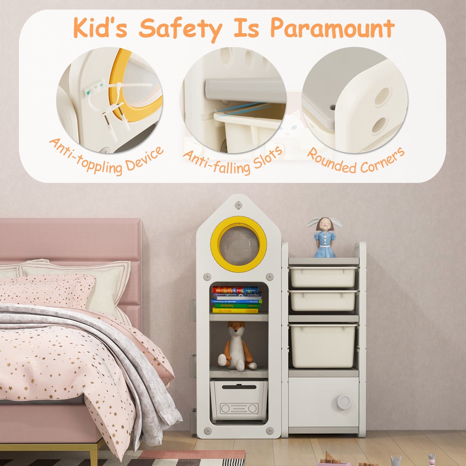 COSTWAY Kids Toy Storage Organizer, Multipurpose Toy Chest and Bookshelf w\u002F Mobile Trolley, Enclosed Cabinets & Storage Bins, Side Bookshelves, Storage Cabinet w\u002F Unique Roof