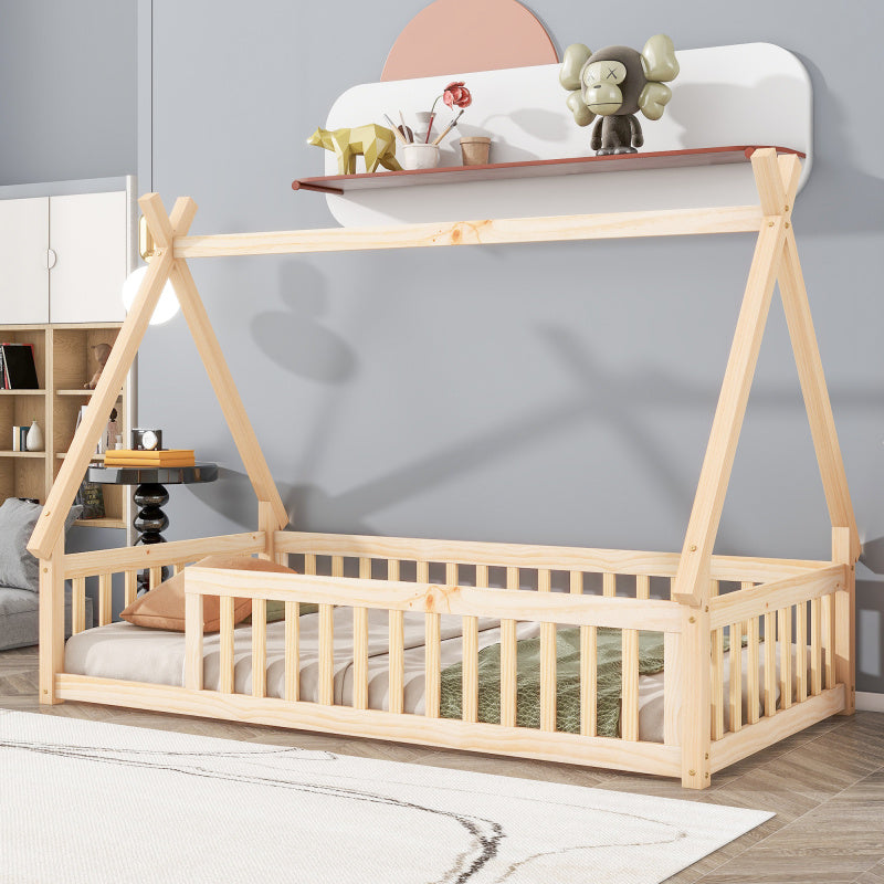 GINOST Contemporary Wooden Teepee Bed with Guardrails & Slats - Artistic Floor Bed Design, Natural Wood Finish, Easy Assembly, No Electricity Needed, Perfect for Youngsters' Rooms, Bedroom Furniture, Playful Room Decor, Sturdy Construction
