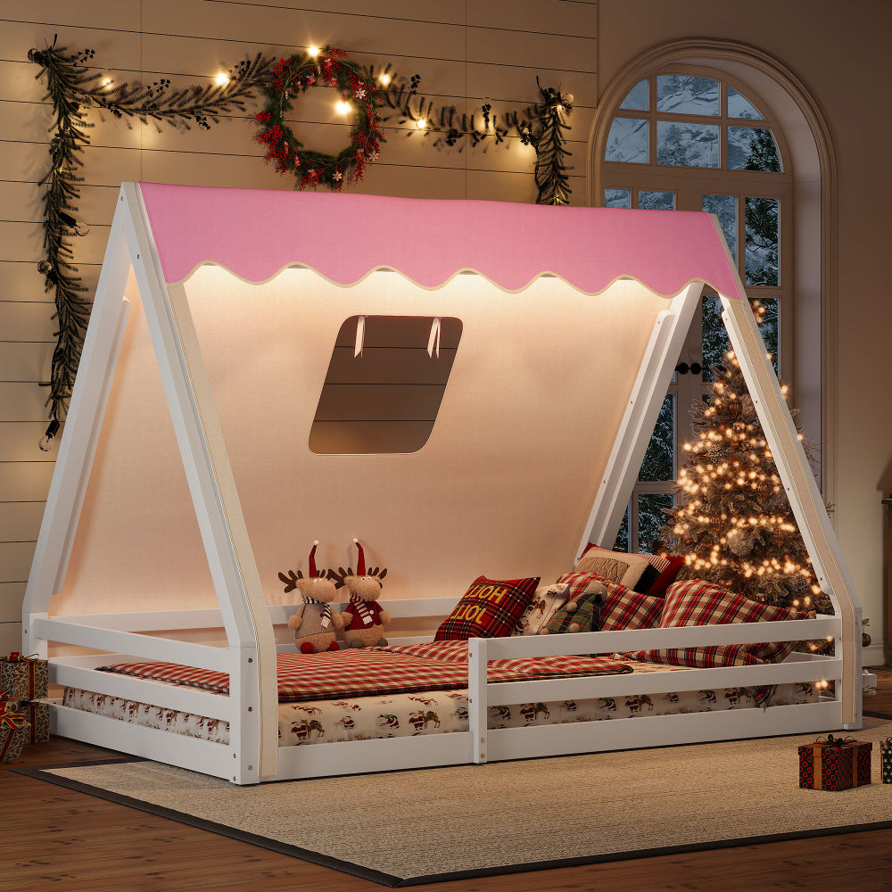 Full Size House Floor Bed with Tent And Light, Solid Wood Teepee Floor Bed with Full-Length Guardrails, Childlike Design, White+Pink