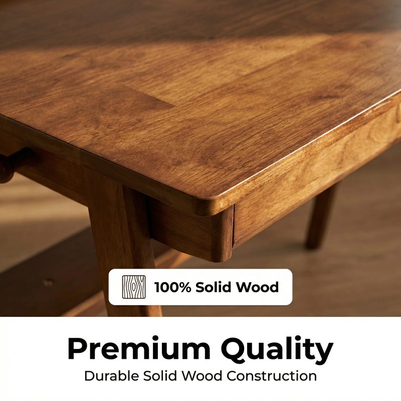 Solid Wood Writing Desk, Home Office Desk for Small Spaces, Mid-Century Modern Desk with 2 Drawers Storage Shelf, Standing Desk with Side Hooks for Study, Bedroom, Office (Walnut)