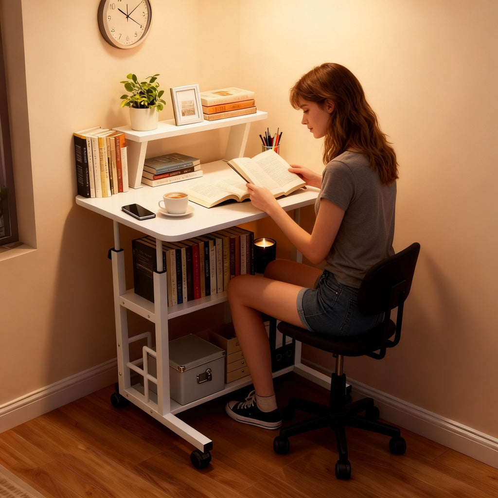 Multi-Functional Height-Adjustable Desk Features Multiple Shelves, Wheels for Easy Movement, Optional Clip-On Desktop Shelf. Suitable for Various Age Groups, Studies, Bedrooms, And Dormitories, Saving Space. Valentine'S Day Gift