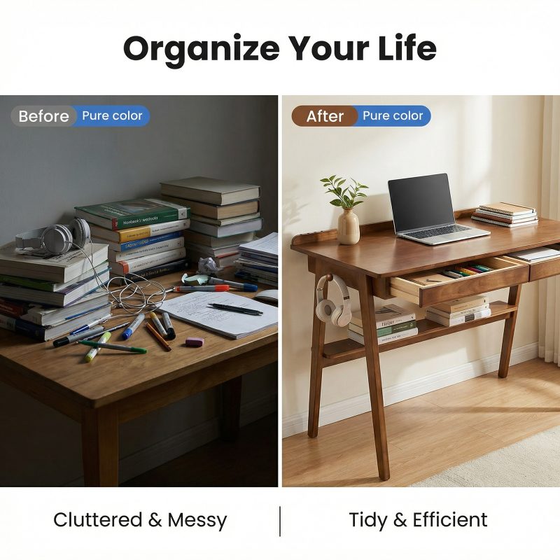 Solid Wood Writing Desk, Home Office Desk for Small Spaces, Mid-Century Modern Desk with 2 Drawers Storage Shelf, Standing Desk with Side Hooks for Study, Bedroom, Office (Walnut)