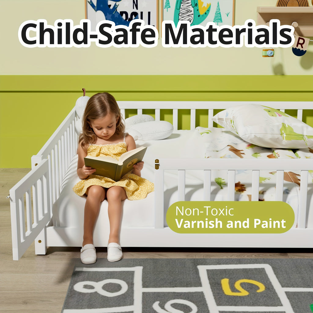 Kids' Solid Wood Bed Kids' Double\u002FFull\u002FQueen Bed Frame, Solid Wood with Reinforced Horizontal Bars, High-Safety Safety Rail and Fun Small Door Design, Durable Bed Suitable for Girls and Boys, Helps Develop Independence, Easy to Assemble