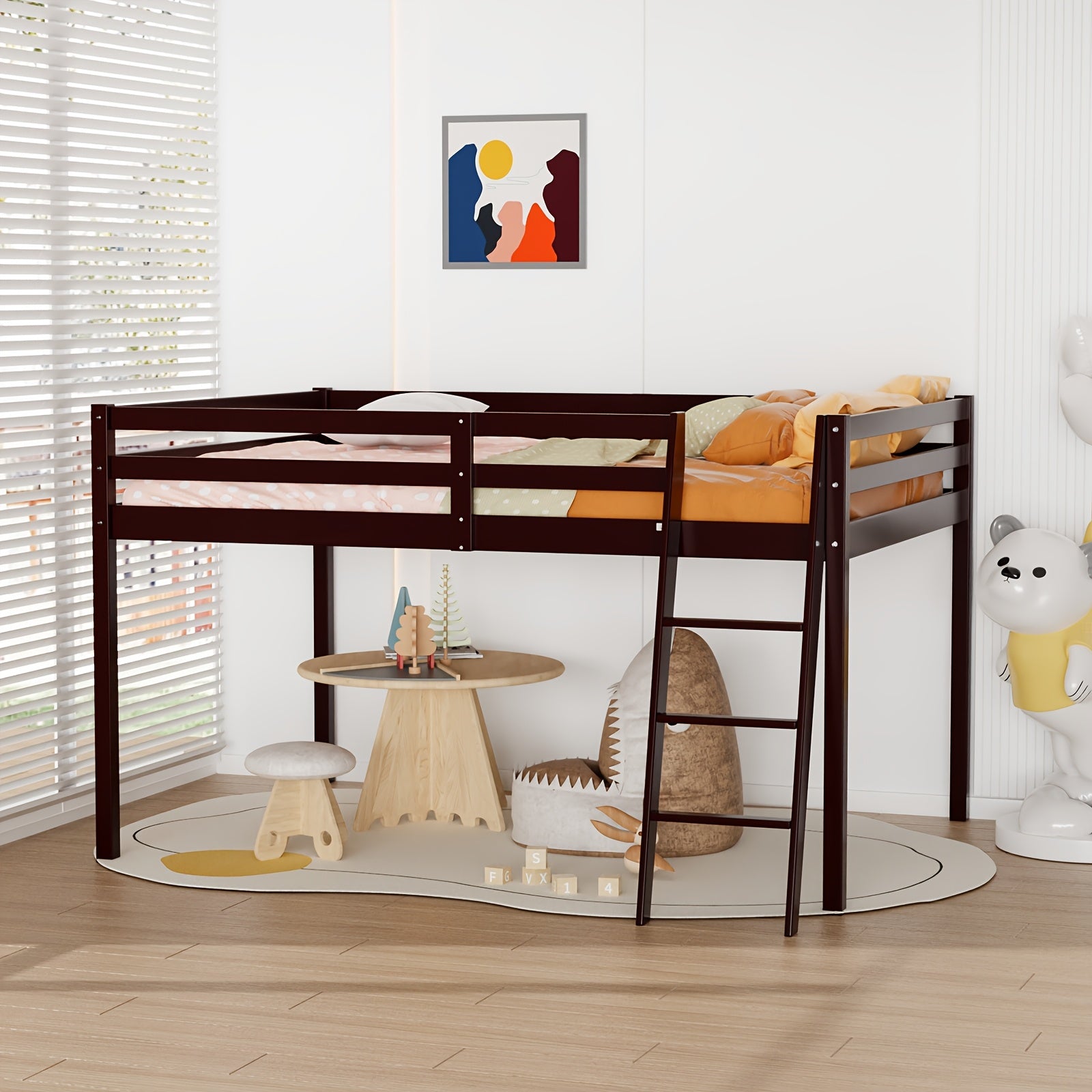 Bonnlo Twin\u002FFull Low Loft Bed with Inclined Stairs - Solid Wood & MDF Bunk Bed Frame, High Guard Rail, No Box Spring Needed, Space-Saving Bed for,,, Small Rooms (No Assembly Required)