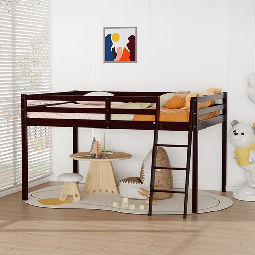 Bonnlo Twin\u002FFull Low Loft Bed with Inclined Stairs - Solid Wood & MDF Bunk Bed Frame, High Guard Rail, No Box Spring Needed, Space-Saving Bed for,,, Small Rooms (No Assembly Required)