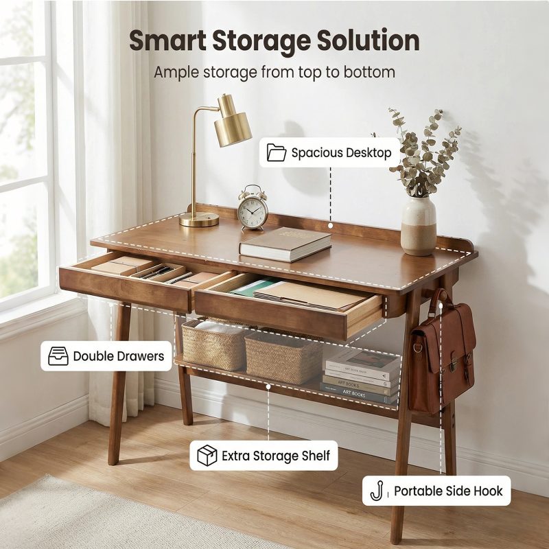 Solid Wood Writing Desk, Home Office Desk for Small Spaces, Mid-Century Modern Desk with 2 Drawers Storage Shelf, Standing Desk with Side Hooks for Study, Bedroom, Office (Walnut)