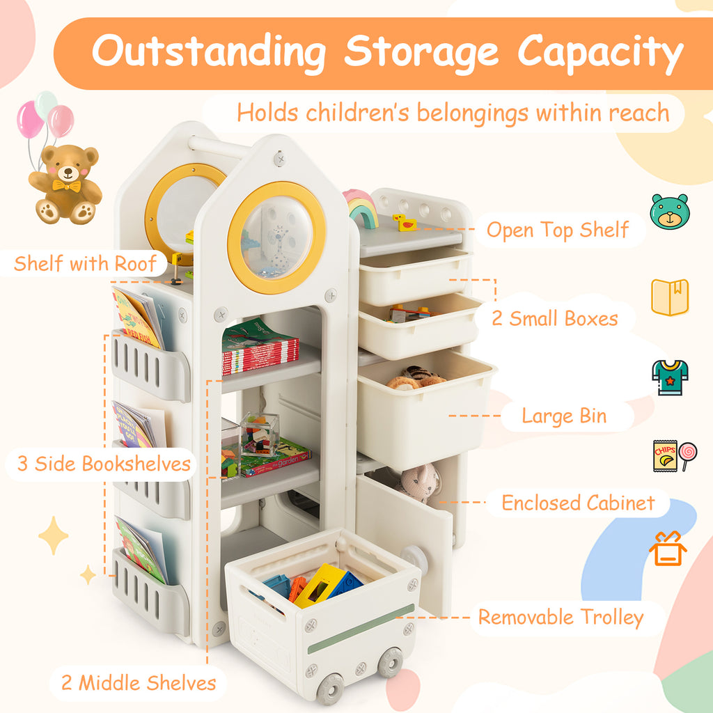 COSTWAY Kids Toy Storage Organizer, Multipurpose Toy Chest and Bookshelf w\u002F Mobile Trolley, Enclosed Cabinets & Storage Bins, Side Bookshelves, Storage Cabinet w\u002F Unique Roof