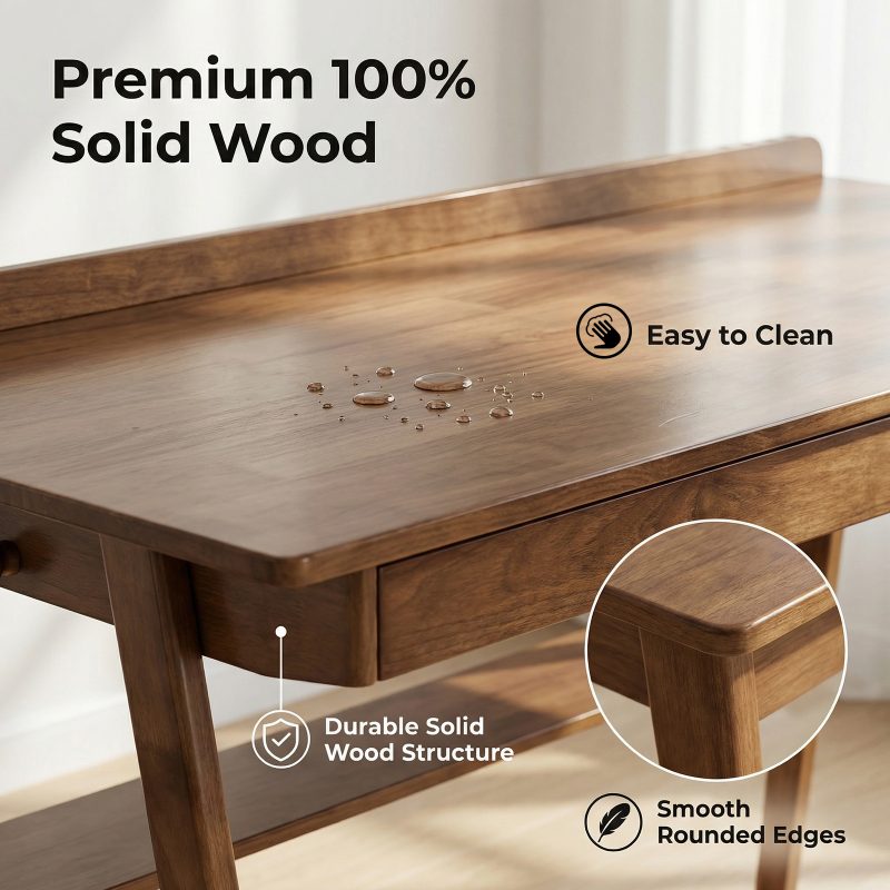 Solid Wood Writing Desk, Home Office Desk for Small Spaces, Mid-Century Modern Desk with 2 Drawers Storage Shelf, Standing Desk with Side Hooks for Study, Bedroom, Office (Walnut)