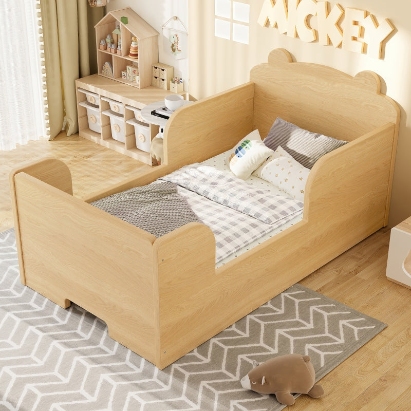 Toddler Floor Bed Frame Cot Bed for Boys and Girls Ages 3-6 Bear Shape Toddler Bed Natural