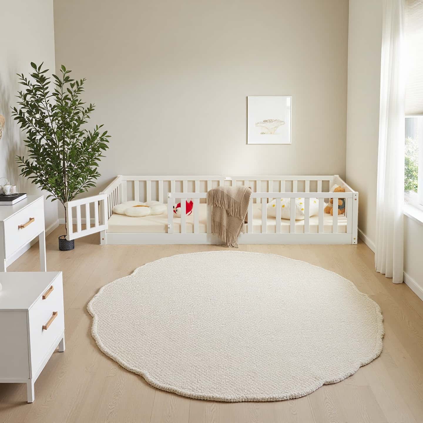 Floor Bed with Door and Fence, Floor Bed with Slats and Safety Guardrails, WoodBed Frame for Girls Boys, Natural