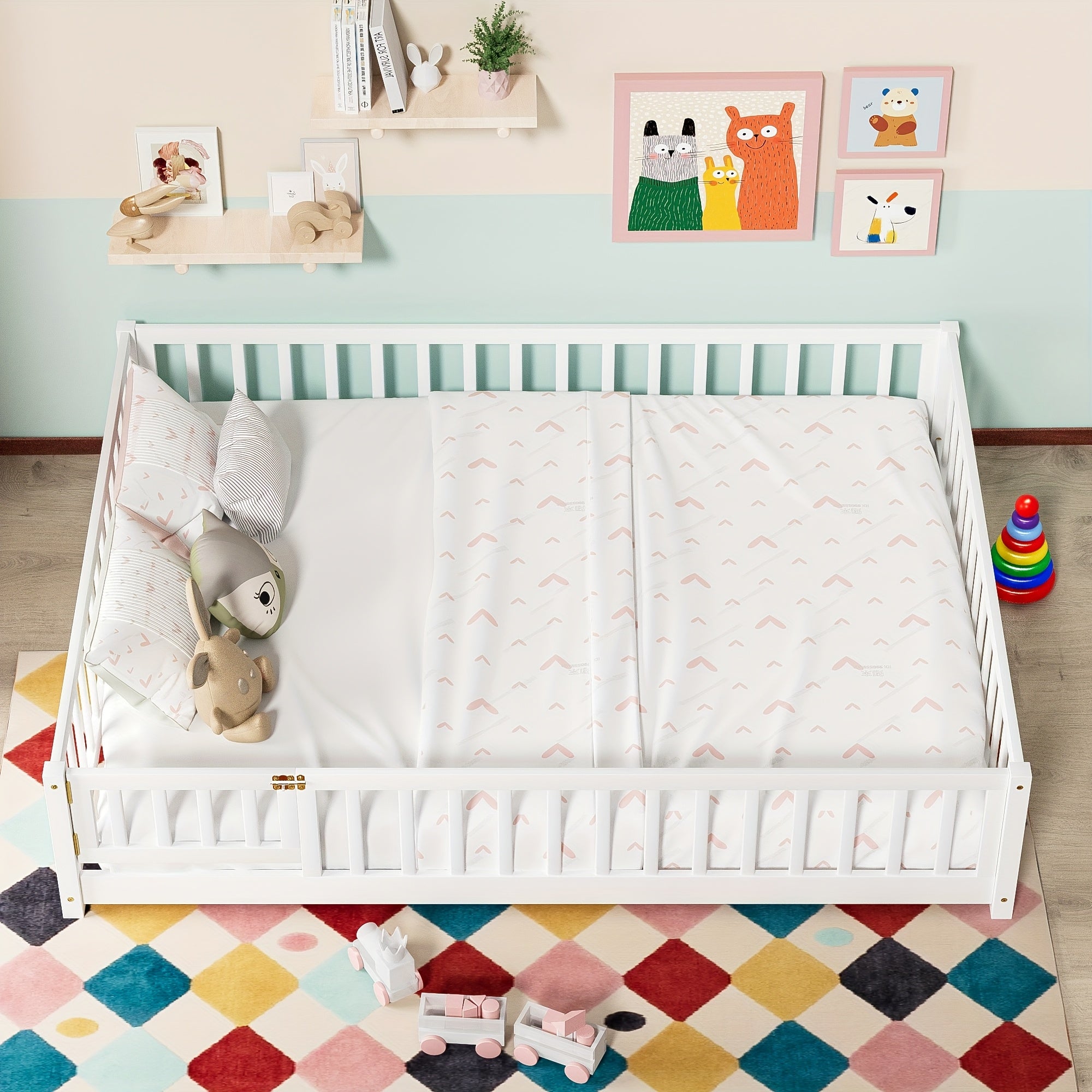 Kids' Solid Wood Bed Kids' Double\u002FFull\u002FQueen Bed Frame, Solid Wood with Reinforced Horizontal Bars, High-Safety Safety Rail and Fun Small Door Design, Durable Bed Suitable for Girls and Boys, Helps Develop Independence, Easy to Assemble