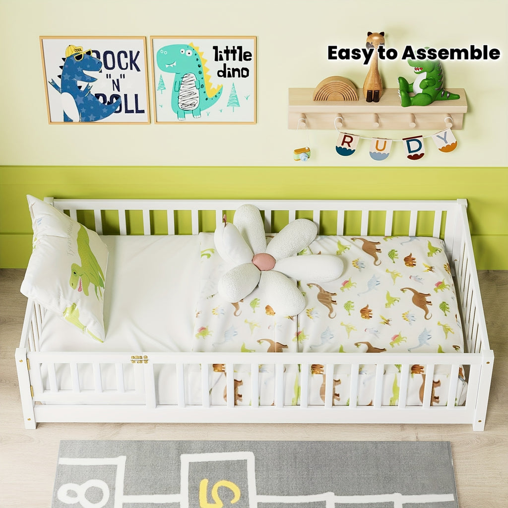 Kids' Solid Wood Bed Kids' Double\u002FFull\u002FQueen Bed Frame, Solid Wood with Reinforced Horizontal Bars, High-Safety Safety Rail and Fun Small Door Design, Durable Bed Suitable for Girls and Boys, Helps Develop Independence, Easy to Assemble