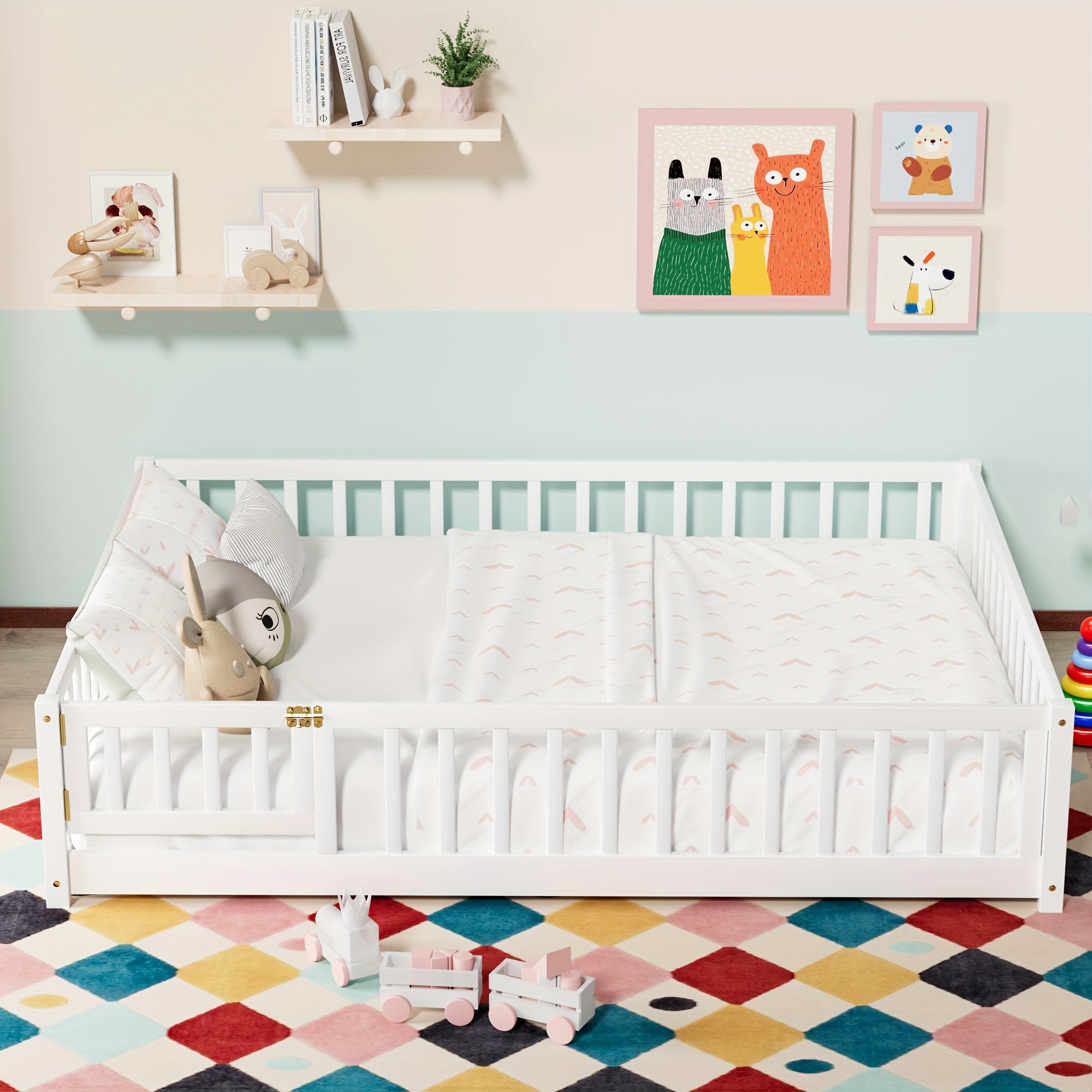 Kids' Solid Wood Bed Kids' Double\u002FFull\u002FQueen Bed Frame, Solid Wood with Reinforced Horizontal Bars, High-Safety Safety Rail and Fun Small Door Design, Durable Bed Suitable for Girls and Boys, Helps Develop Independence, Easy to Assemble