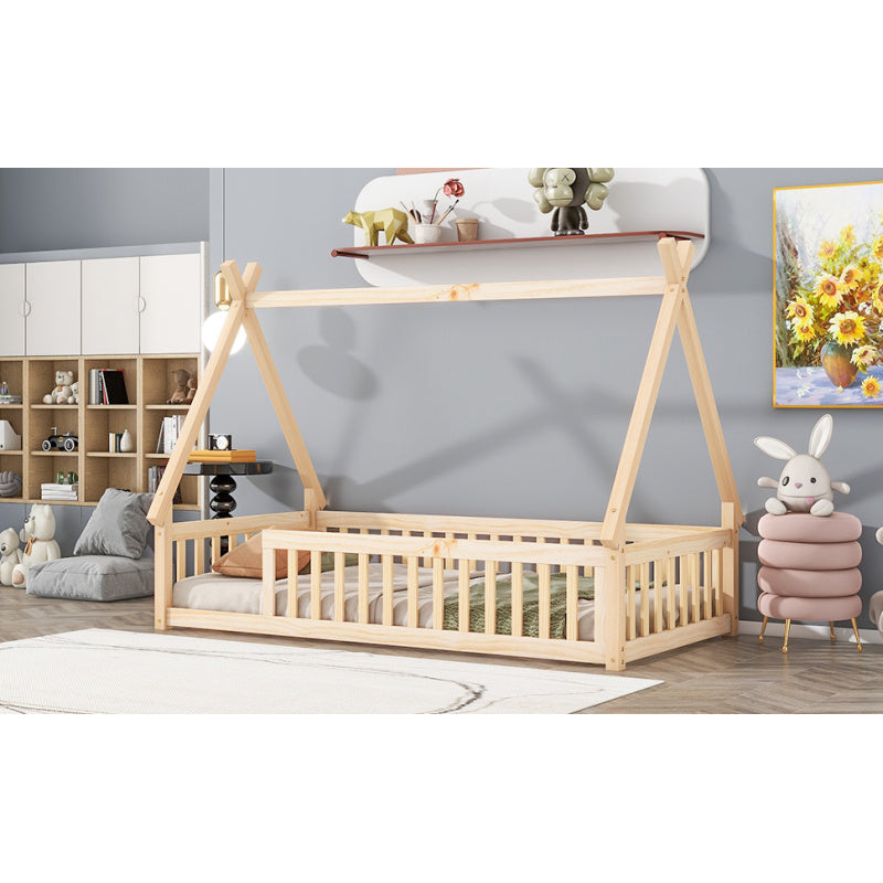 GINOST Contemporary Wooden Teepee Bed with Guardrails & Slats - Artistic Floor Bed Design, Natural Wood Finish, Easy Assembly, No Electricity Needed, Perfect for Youngsters' Rooms, Bedroom Furniture, Playful Room Decor, Sturdy Construction