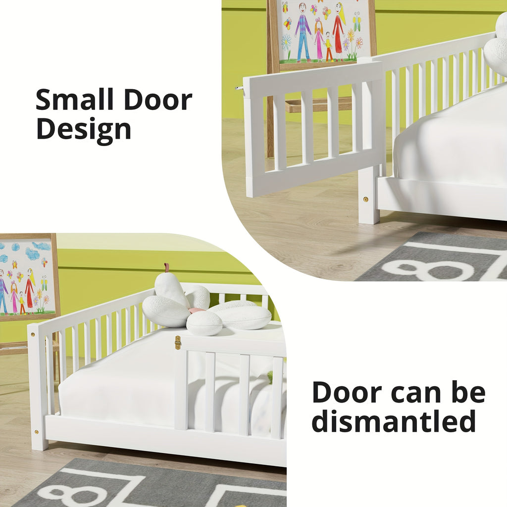 Kids' Solid Wood Bed Kids' Double\u002FFull\u002FQueen Bed Frame, Solid Wood with Reinforced Horizontal Bars, High-Safety Safety Rail and Fun Small Door Design, Durable Bed Suitable for Girls and Boys, Helps Develop Independence, Easy to Assemble
