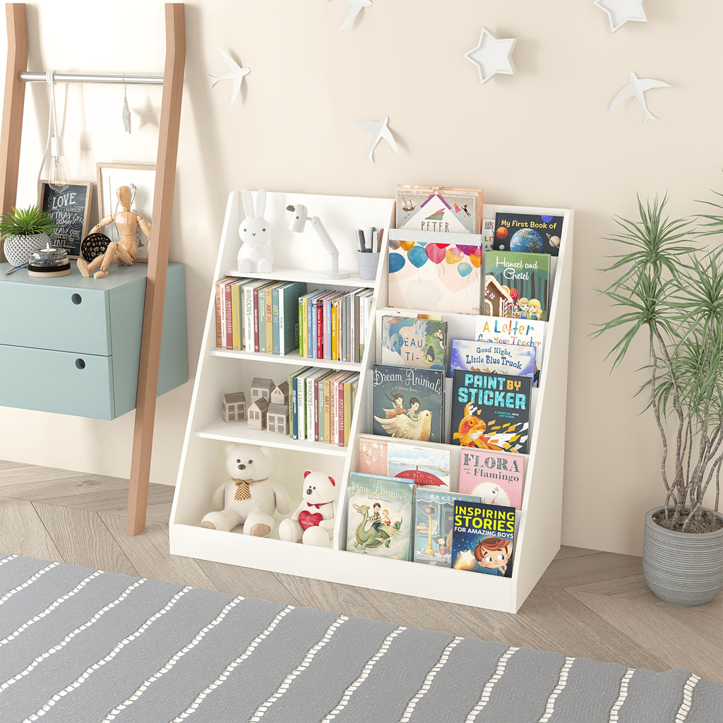 Modern Children's Bookshelf & Toy Organizer, Gray Wooden 2-in-1 Shelf, Trapezoid Book Display with Storage Cabinet for Kids, Nursery Furniture, Space-Saving Playroom Shelf
