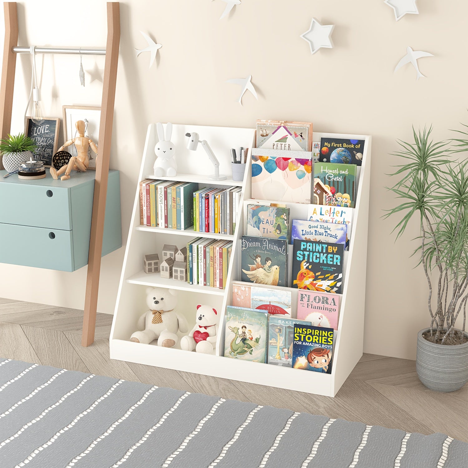 Modern Children's Bookshelf & Toy Organizer, Gray Wooden 2-in-1 Shelf, Trapezoid Book Display with Storage Cabinet for Kids, Nursery Furniture, Space-Saving Playroom Shelf