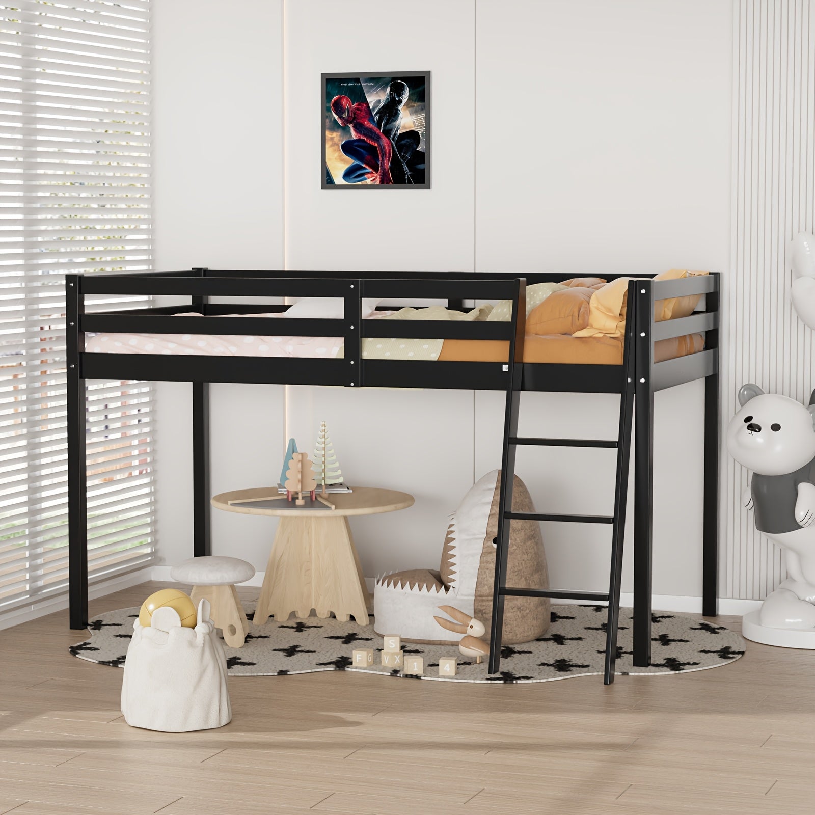 Bonnlo Twin\u002FFull Low Loft Bed with Inclined Stairs - Solid Wood & MDF Bunk Bed Frame, High Guard Rail, No Box Spring Needed, Space-Saving Bed for,,, Small Rooms (No Assembly Required)