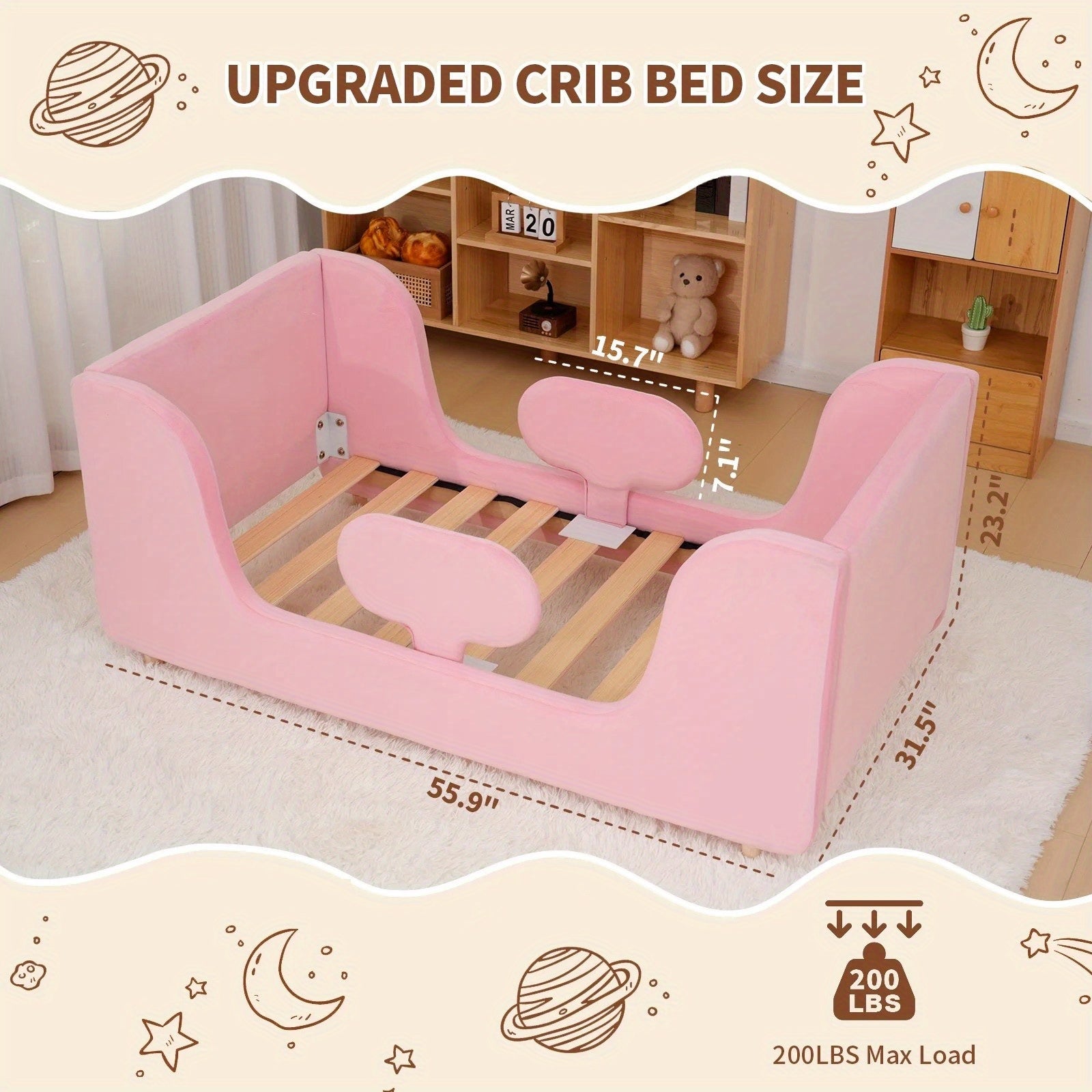 LILYPELLE Toddler Velvet Floor Bed, Child Bed For Kids With Extra Broad, Crib Size Toddler Bed, Velvet Bed Frame, Mat Is Not Included