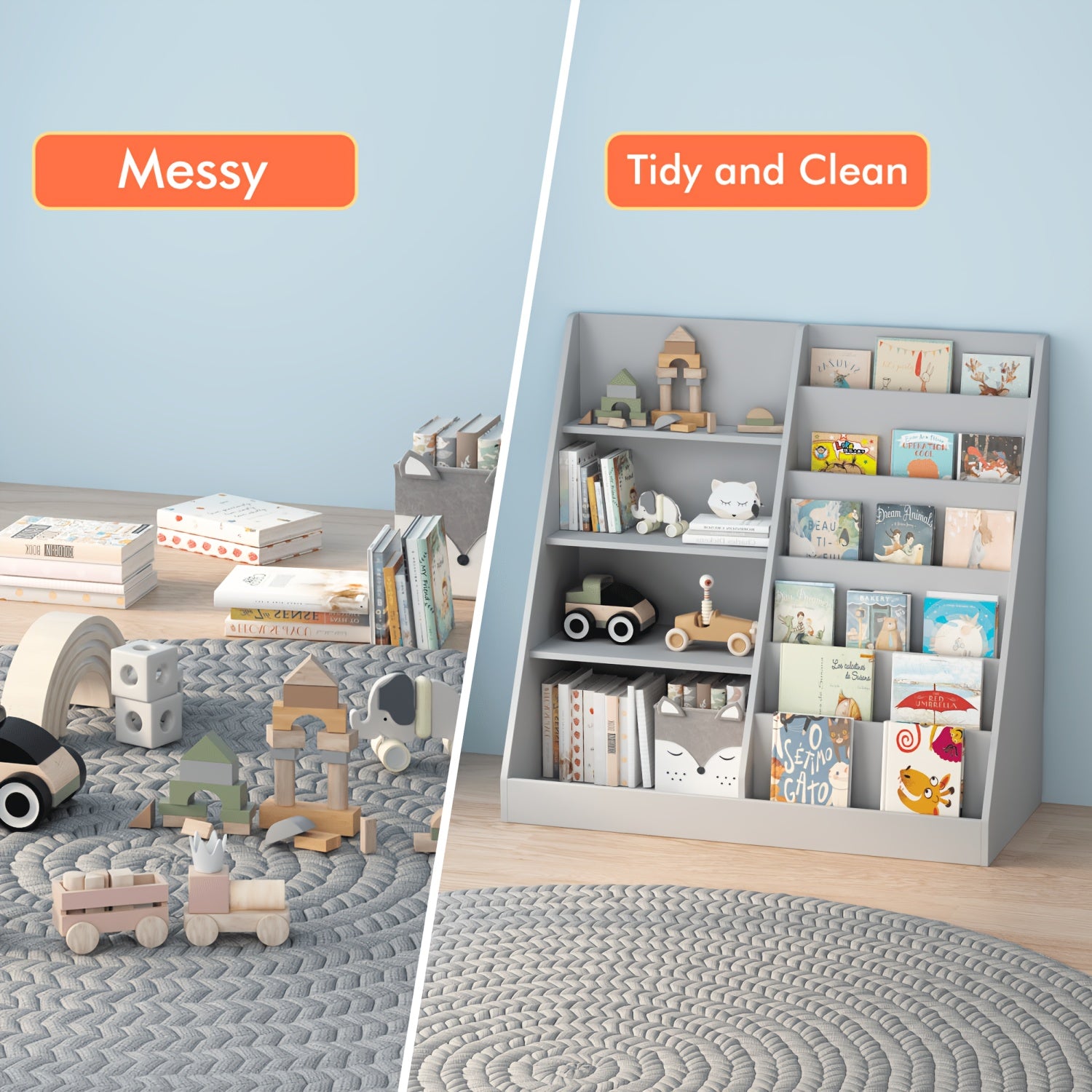 Modern Children's Bookshelf & Toy Organizer, Gray Wooden 2-in-1 Shelf, Trapezoid Book Display with Storage Cabinet for Kids, Nursery Furniture, Space-Saving Playroom Shelf