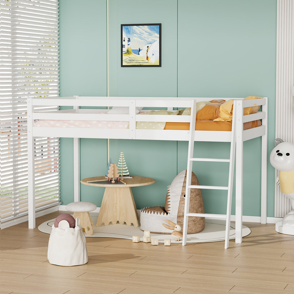 Bonnlo Twin\u002FFull Low Loft Bed with Inclined Stairs - Solid Wood & MDF Bunk Bed Frame, High Guard Rail, No Box Spring Needed, Space-Saving Bed for,,, Small Rooms (No Assembly Required)