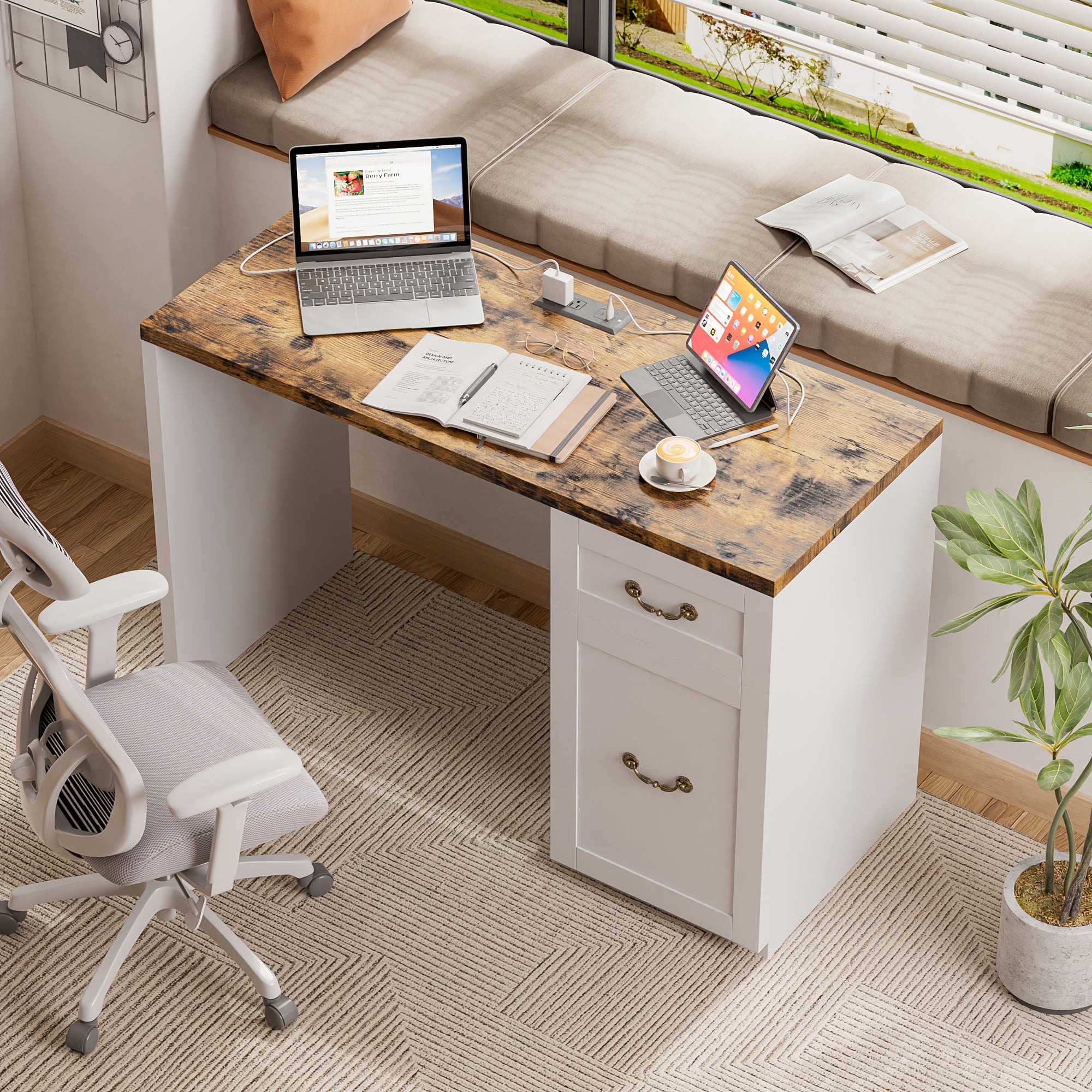 Computer Desk With Drawer And Cabinet | Home Office Desk With Storage, Modern Easy Laptop Desk Study Writing Table For Work, Small Spaces, Engineered Wood, P.H.Furn