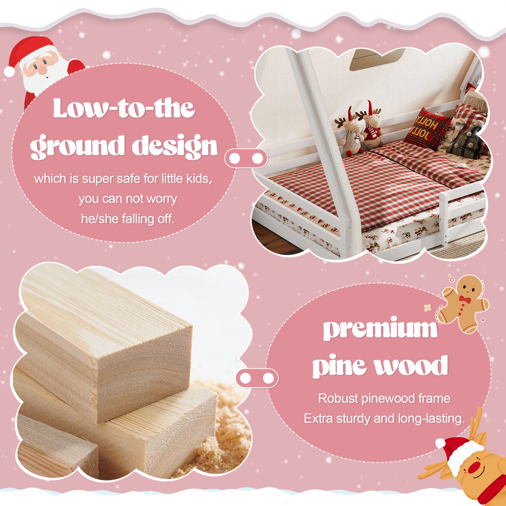 Full Size House Floor Bed with Tent And Light, Solid Wood Teepee Floor Bed with Full-Length Guardrails, Childlike Design, White+Pink