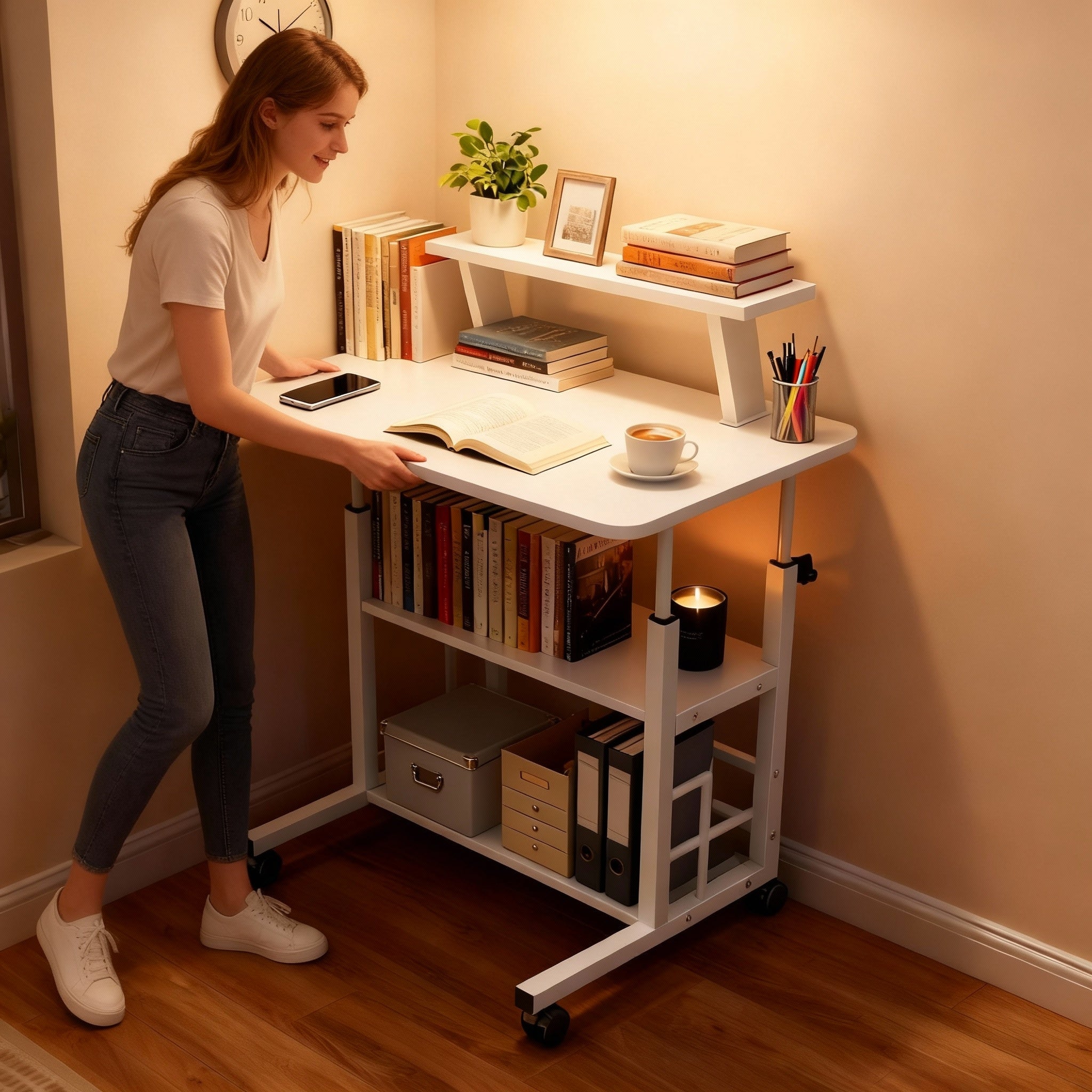 Multi-Functional Height-Adjustable Desk Features Multiple Shelves, Wheels for Easy Movement, Optional Clip-On Desktop Shelf. Suitable for Various Age Groups, Studies, Bedrooms, And Dormitories, Saving Space. Valentine'S Day Gift