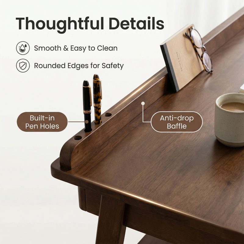 Solid Wood Writing Desk, Home Office Desk for Small Spaces, Mid-Century Modern Desk with 2 Drawers Storage Shelf, Standing Desk with Side Hooks for Study, Bedroom, Office (Walnut)