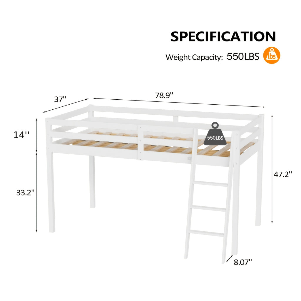 Bonnlo Twin\u002FFull Low Loft Bed with Inclined Stairs - Solid Wood & MDF Bunk Bed Frame, High Guard Rail, No Box Spring Needed, Space-Saving Bed for,,, Small Rooms (No Assembly Required)