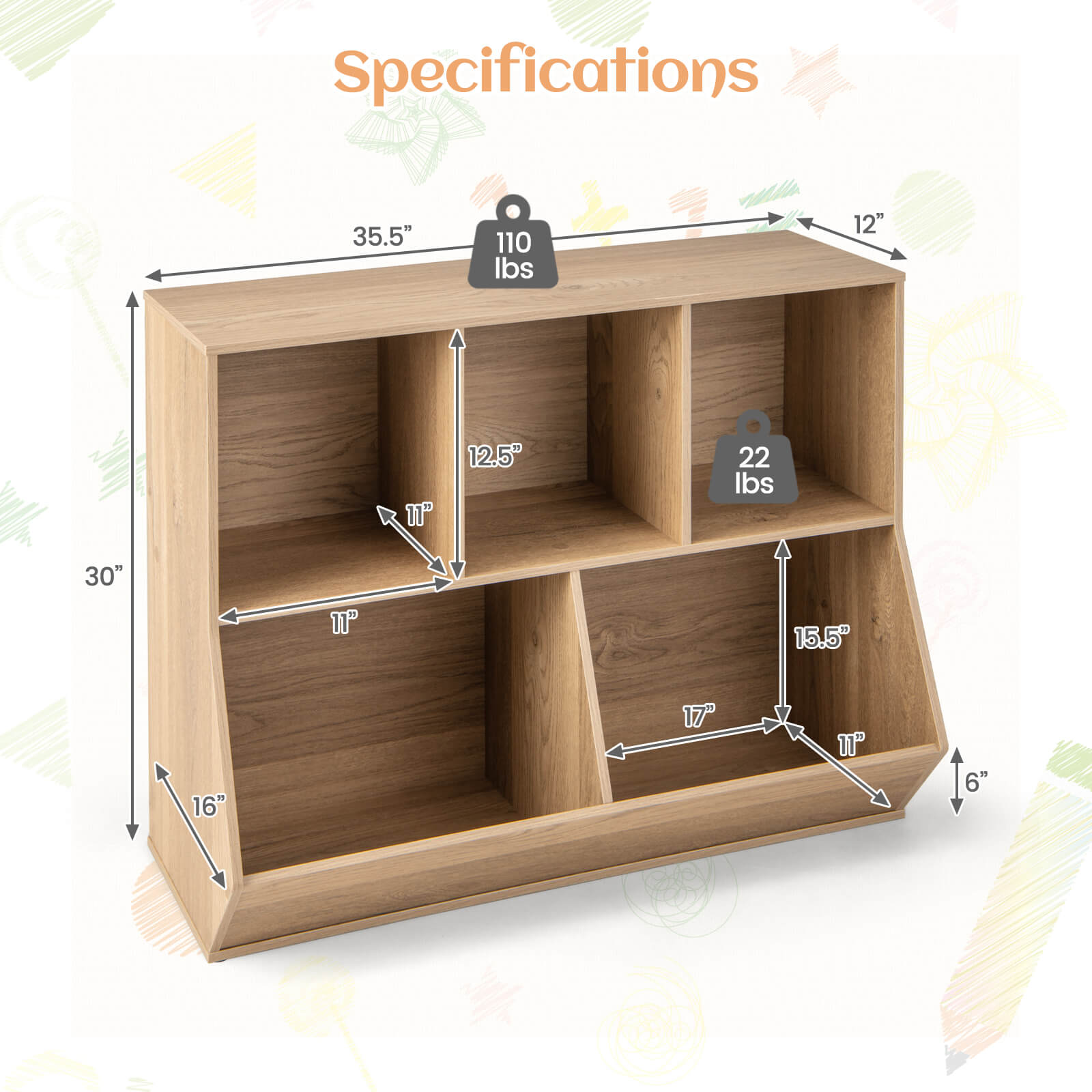COSTWAY 5-Cubby Kids Toy Storage Organizer Wooden Bookshelf Display Cabinet White\u002FNatural
