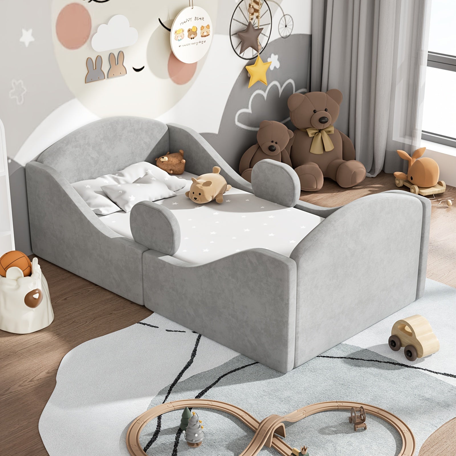 Toddler Bed, Certified Toddler Floor Bed With Removable Safety Rails | Standard Crib Size Ultra Soft Upholstered Kids Bed For Girl Boy Pink, Blue, Gray - Wood, Pine Finish, Assembly Required, Mattress Not Included