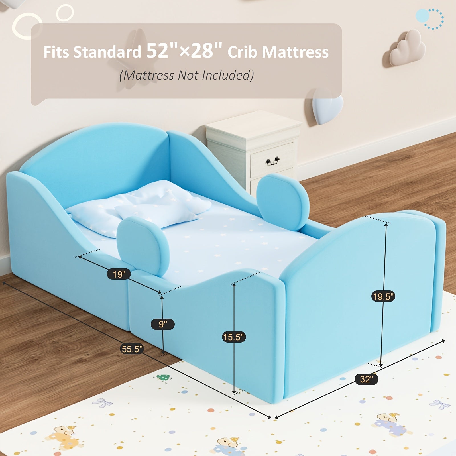 Toddler Bed, Certified Toddler Floor Bed With Removable Safety Rails | Standard Crib Size Ultra Soft Upholstered Kids Bed For Girl Boy Pink, Blue, Gray - Wood, Pine Finish, Assembly Required, Mattress Not Included