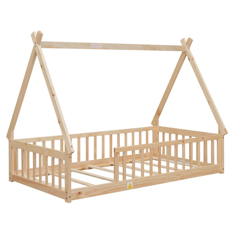GINOST Contemporary Wooden Teepee Bed with Guardrails & Slats - Artistic Floor Bed Design, Natural Wood Finish, Easy Assembly, No Electricity Needed, Perfect for Youngsters' Rooms, Bedroom Furniture, Playful Room Decor, Sturdy Construction