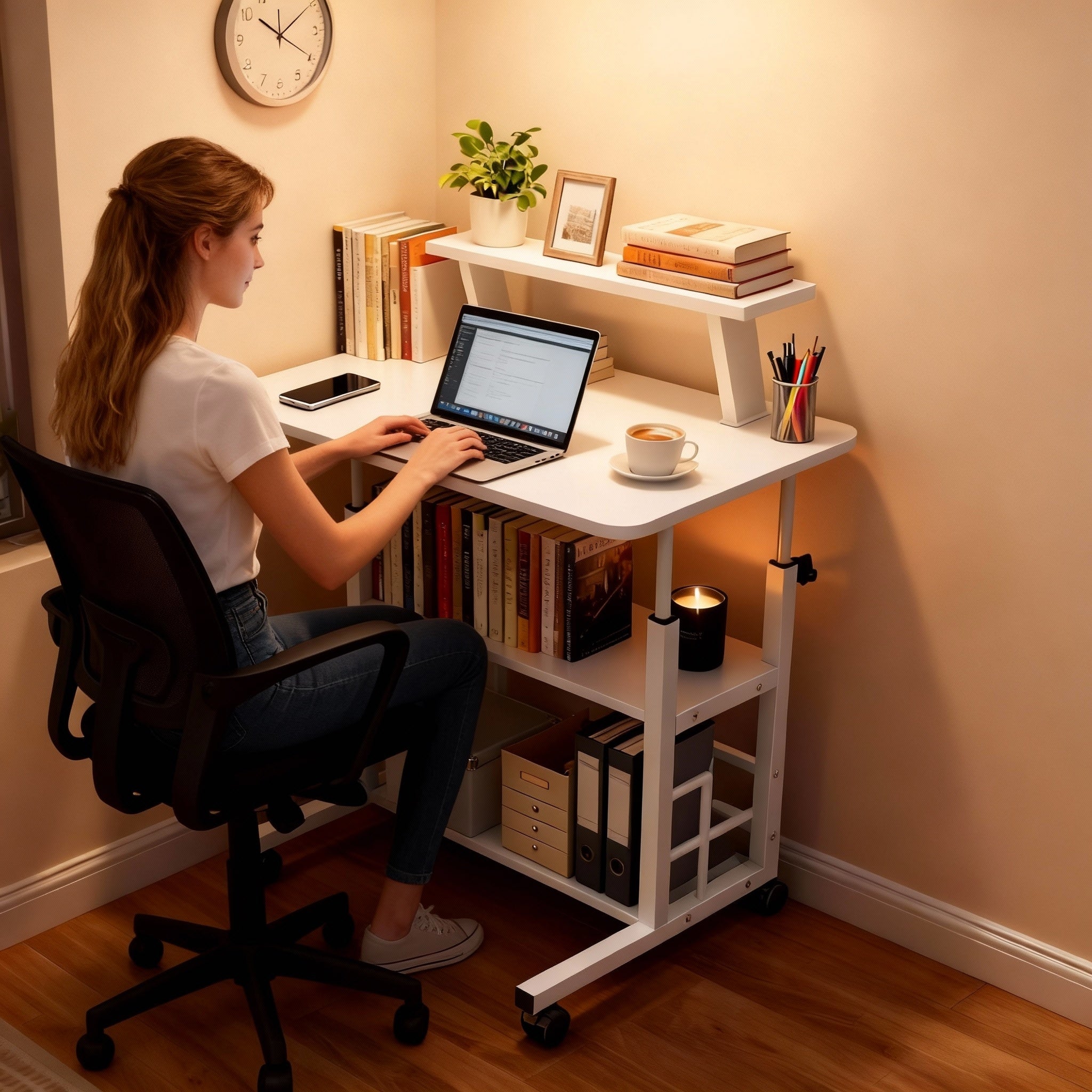 Multi-Functional Height-Adjustable Desk Features Multiple Shelves, Wheels for Easy Movement, Optional Clip-On Desktop Shelf. Suitable for Various Age Groups, Studies, Bedrooms, And Dormitories, Saving Space. Valentine'S Day Gift