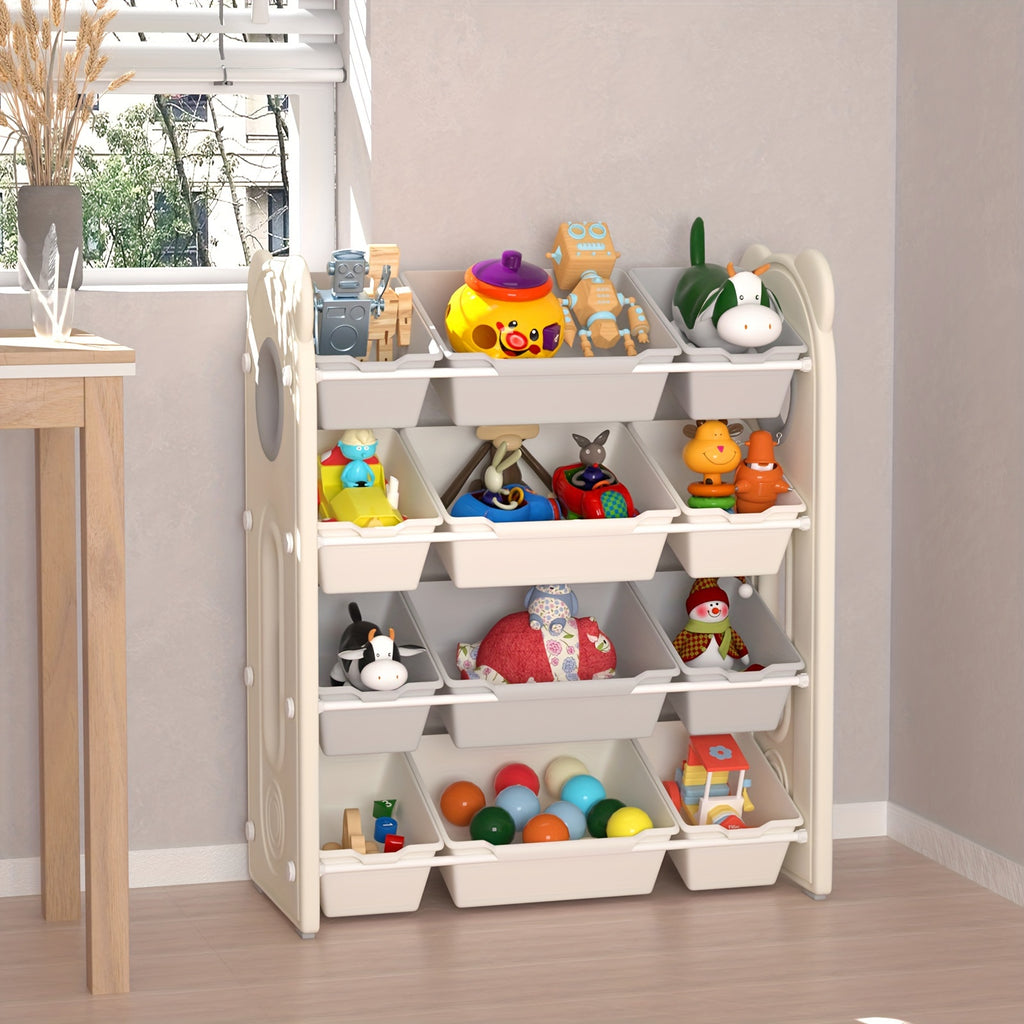 4-Tier Toy Storage Organizer - Kids Book Rack And Diapering Essentials Station With 12 Removable Plastic Bins- Sturdy Bookshelf For Boys And Girls, Holds Toys, Books, Diapers, Wipes, Milk Powder, Bottles, For Playroom, Daycare And Nursery