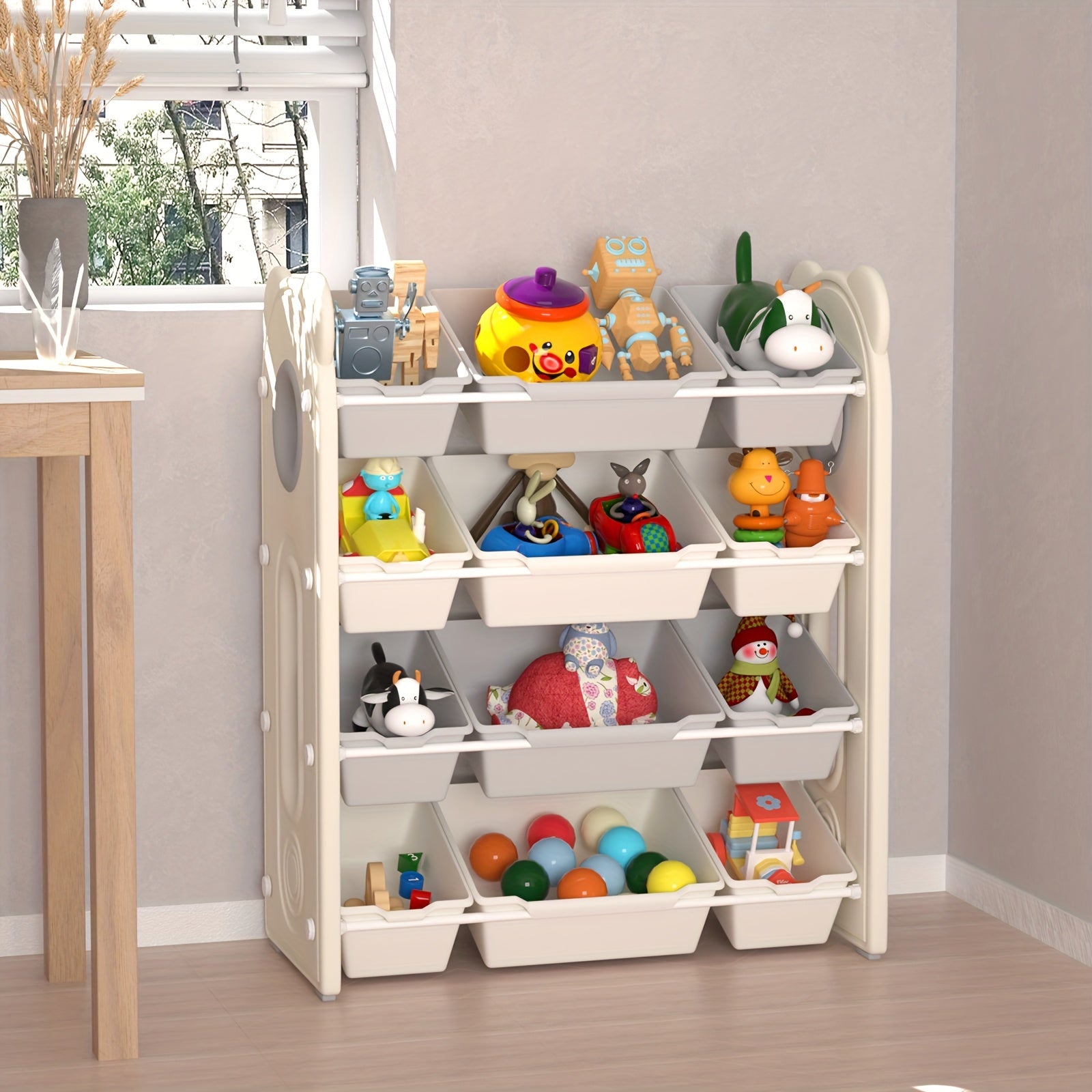 4-Tier Toy Storage Organizer - Kids Book Rack And Diapering Essentials Station With 12 Removable Plastic Bins- Sturdy Bookshelf For Boys And Girls, Holds Toys, Books, Diapers, Wipes, Milk Powder, Bottles, For Playroom, Daycare And Nursery