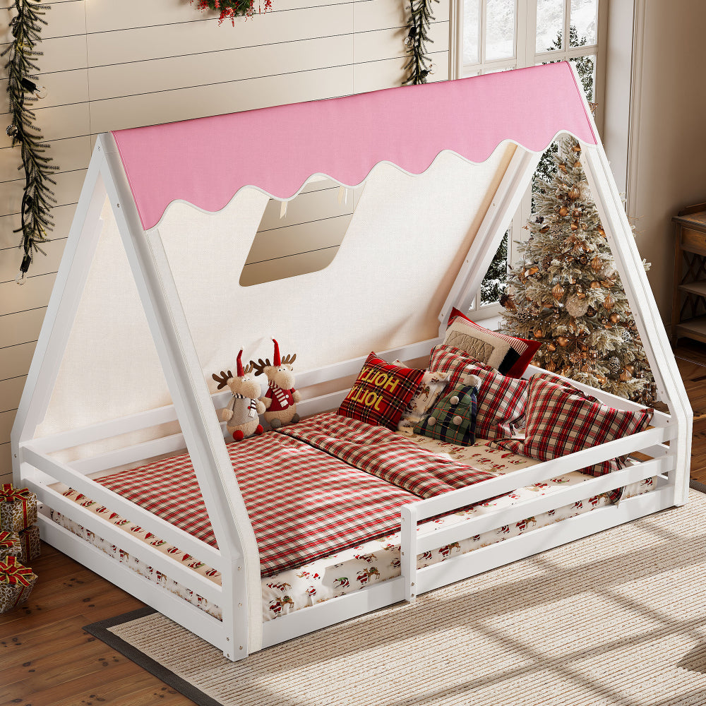 Full Size House Floor Bed with Tent And Light, Solid Wood Teepee Floor Bed with Full-Length Guardrails, Childlike Design, White+Pink