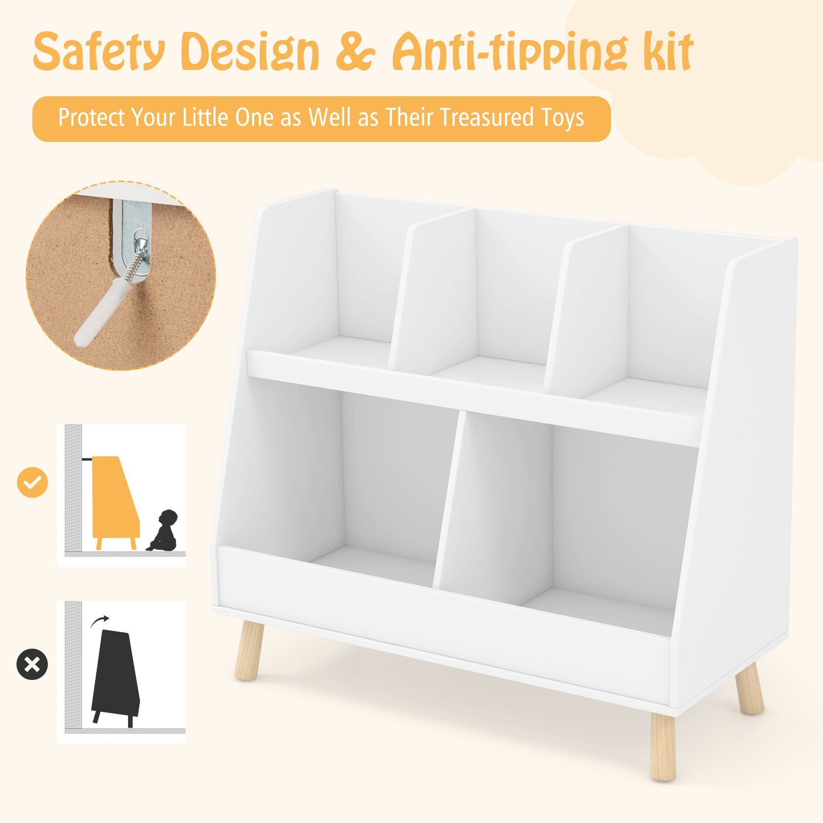 COSTWAY 5-Cube Kids Bookshelf and Toy Organizer, 2-Tier Children Toy Chest with Solid Wood Legs & Anti-Tipping Kits, Wooden Kids Open Bookcase, Storage Display Organizer for Playroom, Bedroom & Nursery