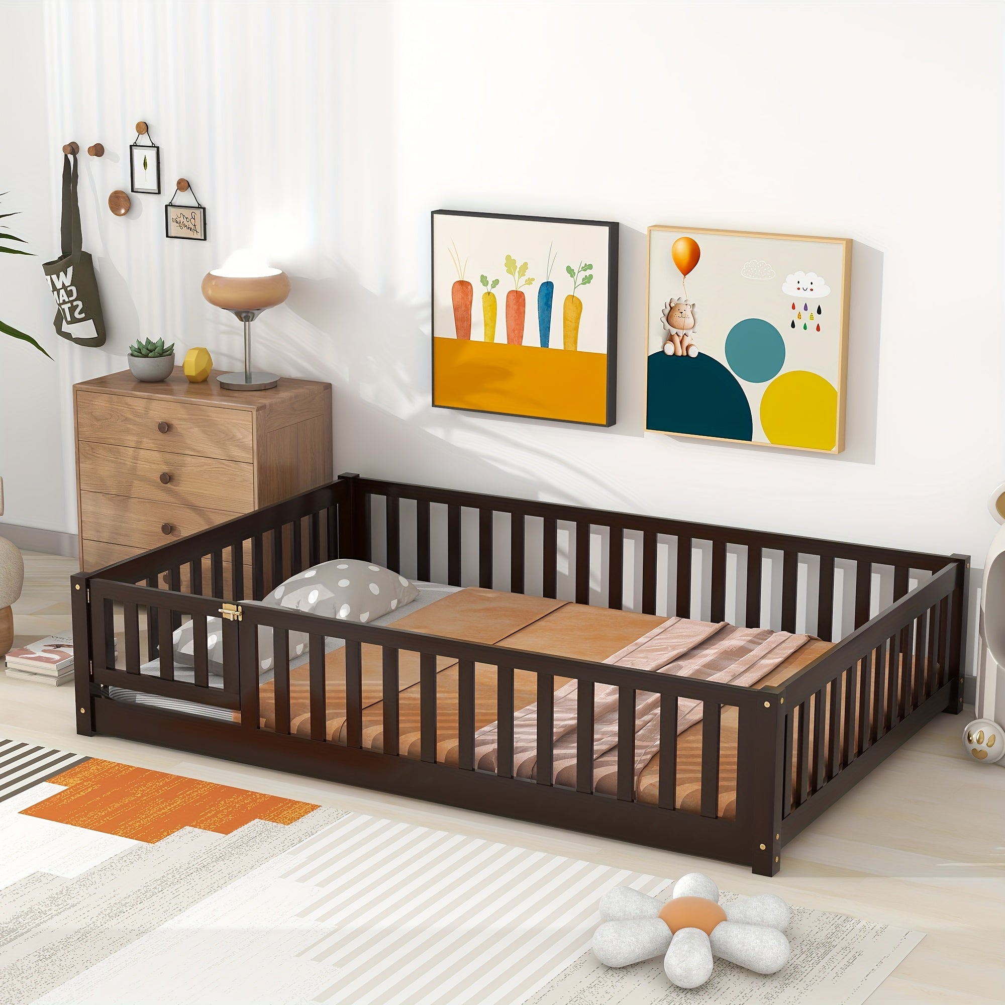 Kids' Solid Wood Bed Kids' Double\u002FFull\u002FQueen Bed Frame, Solid Wood with Reinforced Horizontal Bars, High-Safety Safety Rail and Fun Small Door Design, Durable Bed Suitable for Girls and Boys, Helps Develop Independence, Easy to Assemble