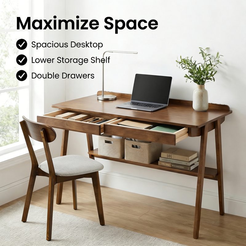 Solid Wood Writing Desk, Home Office Desk for Small Spaces, Mid-Century Modern Desk with 2 Drawers Storage Shelf, Standing Desk with Side Hooks for Study, Bedroom, Office (Walnut)