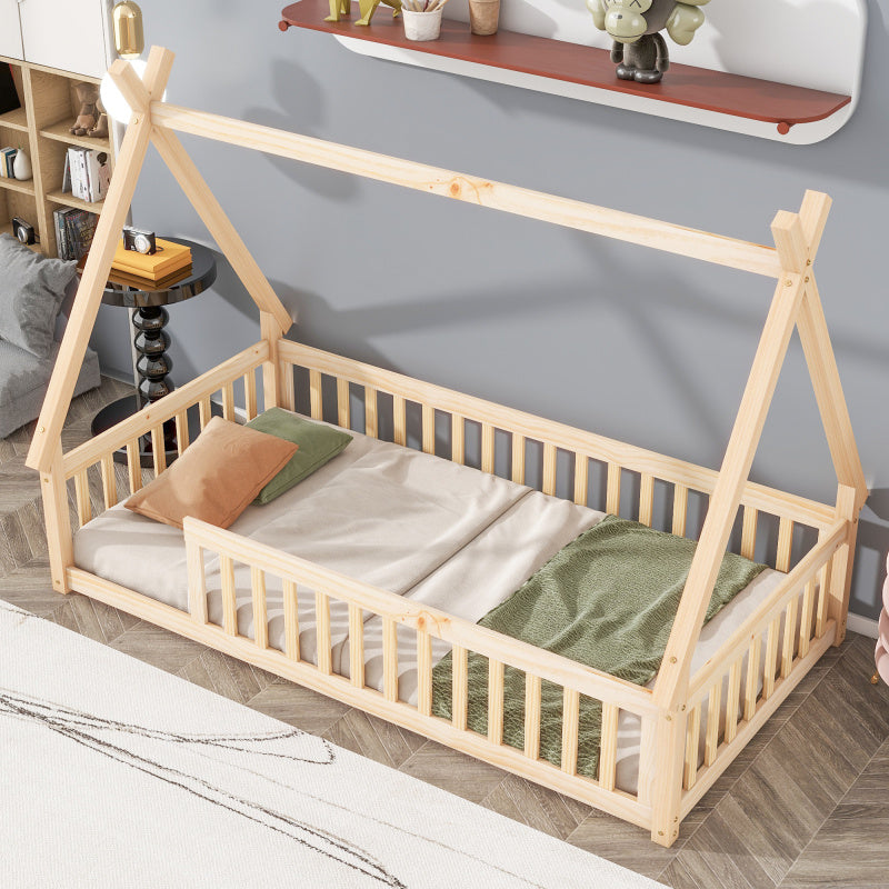 GINOST Contemporary Wooden Teepee Bed with Guardrails & Slats - Artistic Floor Bed Design, Natural Wood Finish, Easy Assembly, No Electricity Needed, Perfect for Youngsters' Rooms, Bedroom Furniture, Playful Room Decor, Sturdy Construction