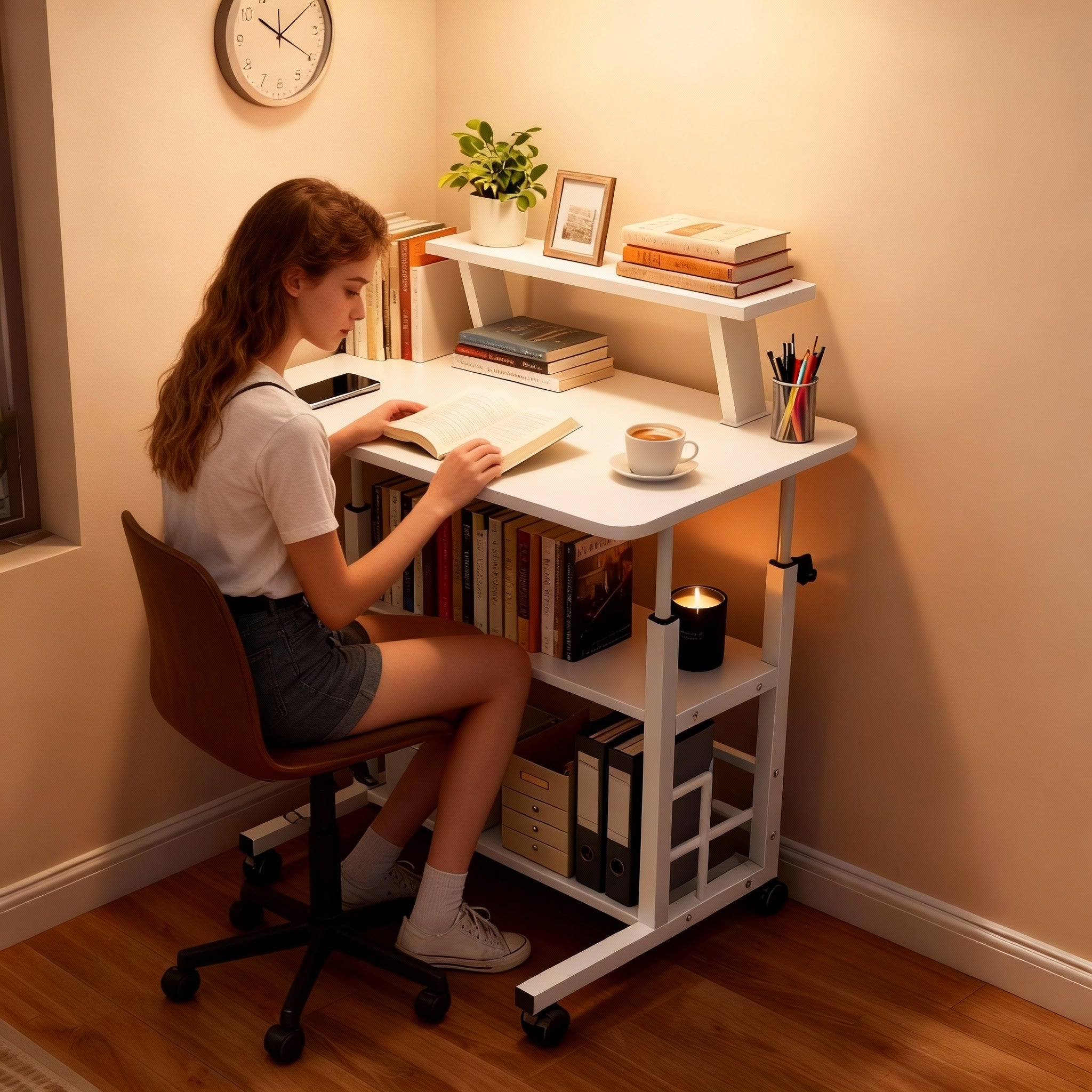 Multi-Functional Height-Adjustable Desk Features Multiple Shelves, Wheels for Easy Movement, Optional Clip-On Desktop Shelf. Suitable for Various Age Groups, Studies, Bedrooms, And Dormitories, Saving Space. Valentine'S Day Gift
