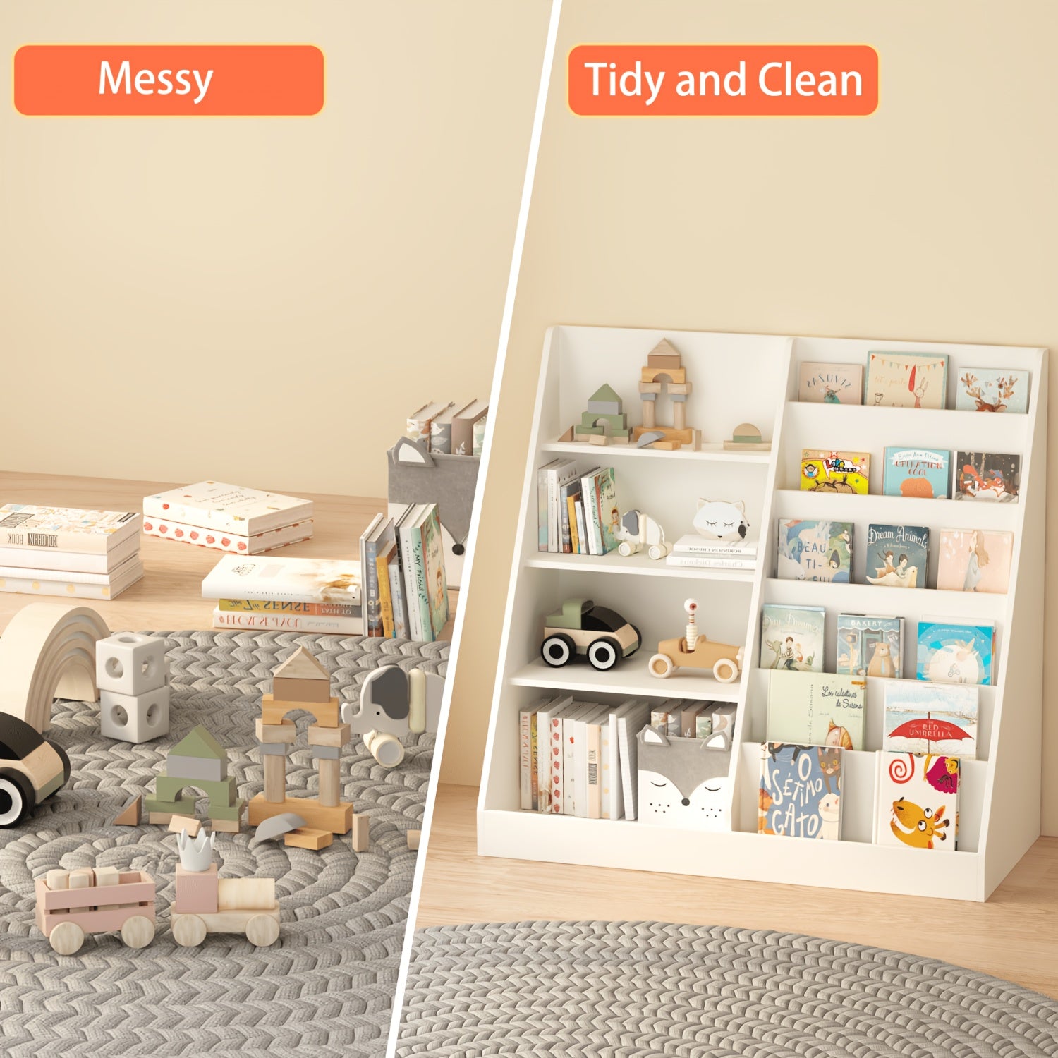 Modern Children's Bookshelf & Toy Organizer, Gray Wooden 2-in-1 Shelf, Trapezoid Book Display with Storage Cabinet for Kids, Nursery Furniture, Space-Saving Playroom Shelf