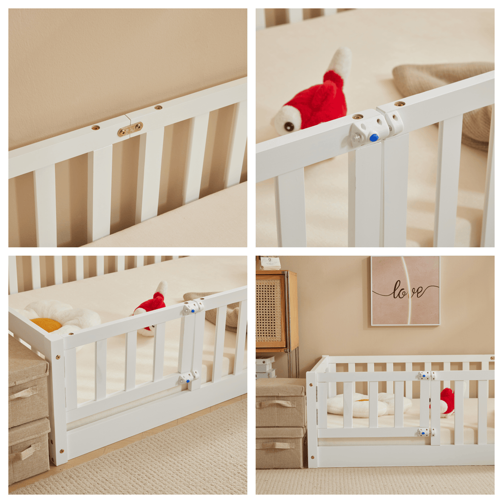 Floor Bed with Door and Fence, Floor Bed with Slats and Safety Guardrails, WoodBed Frame for Girls Boys, Natural