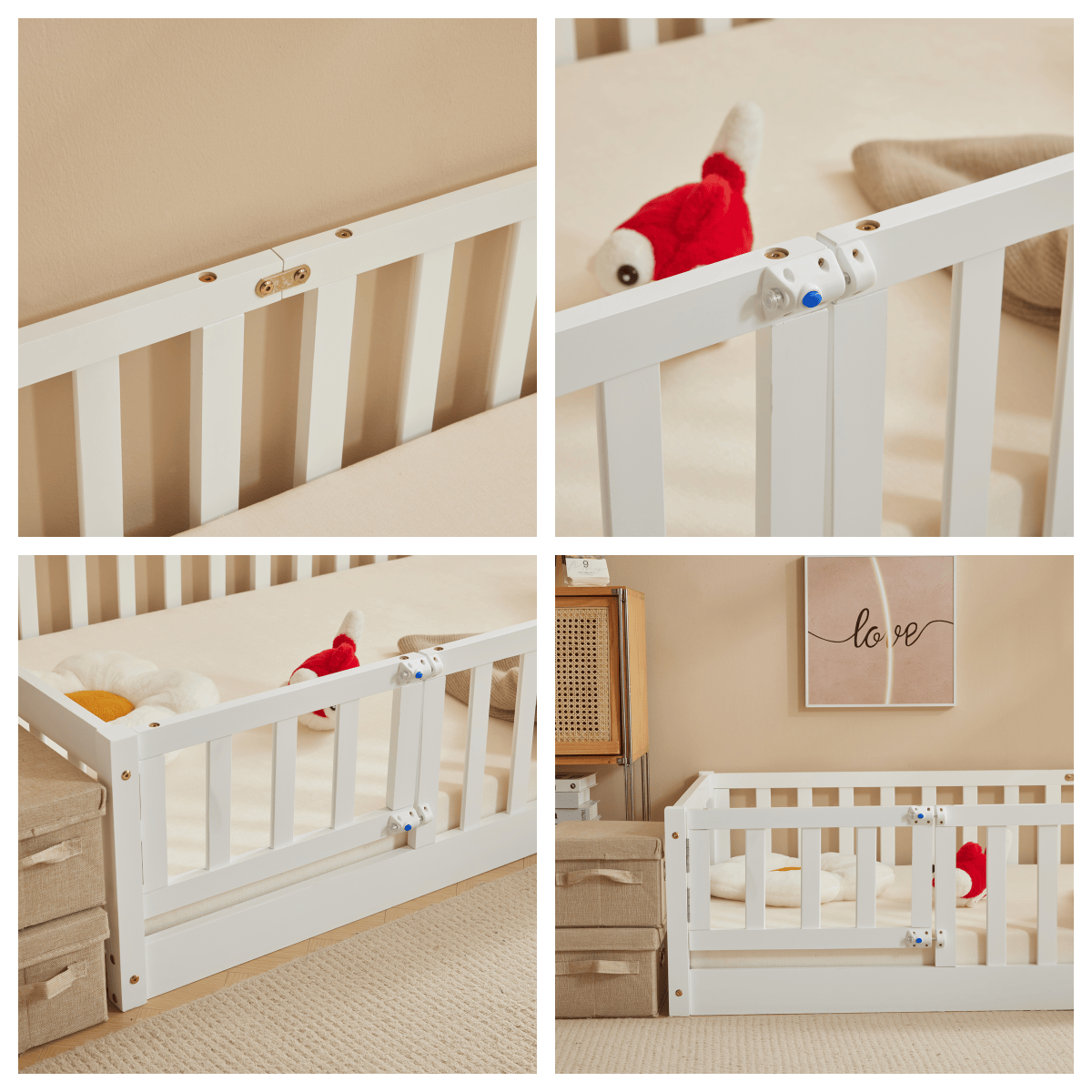 Floor Bed with Door and Fence, Floor Bed with Slats and Safety Guardrails, WoodBed Frame for Girls Boys, Natural