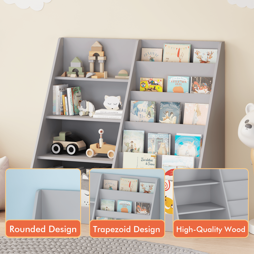 Modern Children's Bookshelf & Toy Organizer, Gray Wooden 2-in-1 Shelf, Trapezoid Book Display with Storage Cabinet for Kids, Nursery Furniture, Space-Saving Playroom Shelf